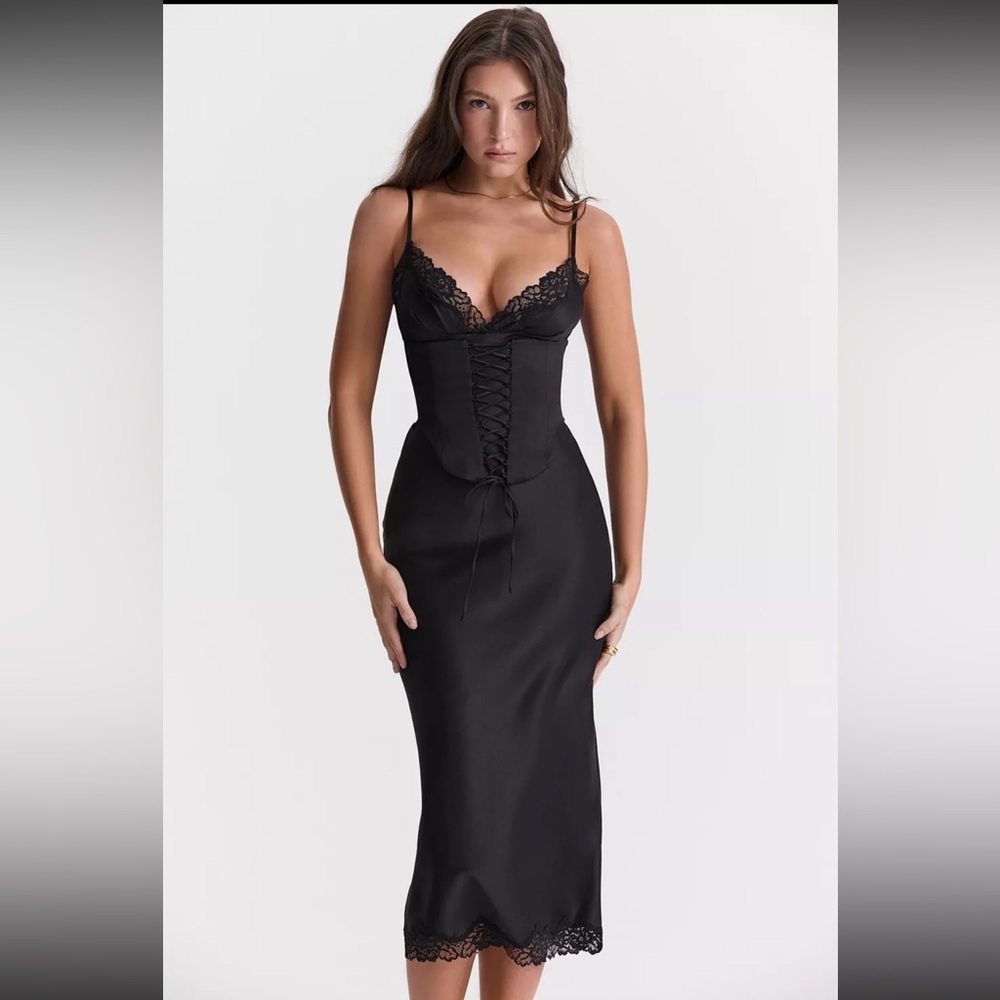 HOUSE OF CB 'Salma' Black Satin Slip Dress/Size M